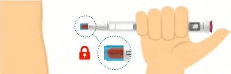 A hand holds an injection pen next to a hip with a magnified detail showing a red lock indicating locking