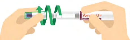 Two hands hold a Yorvikath injection pen with a green arrow indicating an oscillating up-and-down movement for the