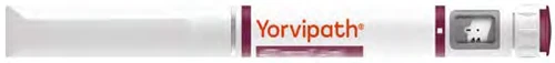 Horizontal white medical injection pen with burgundy text and drug name Yorvipath on a white background with amaranth details