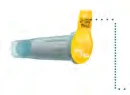 A medical device with a gray cylindrical body and a yellow protective cap on top with a lateral dashed line