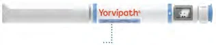 White auto-injector pen with red Yorvipath branding and a dose indicator with a transparent window on top