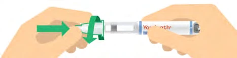 Two hands hold an injection pen with a green arrow indicating rotational movement of the upper part for preparation