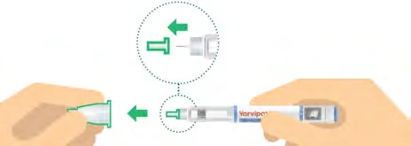 Diagram showing how to insert the green cap onto the injection pen via a lateral leftward movement