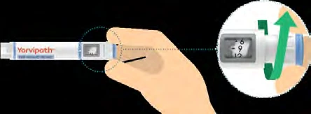 A hand holds the Yorvipath device with a green arrow indicating rotational movement toward the