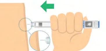 A hand squeezes an injection pen against the thigh with a green arrow indicating the direction of pressure toward the skin