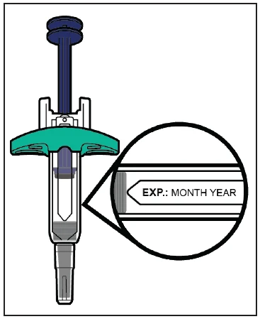 Illustration of a syringe with a magnification showing the text EXP: MONTH YEAR on the packaging indicating the expiration date