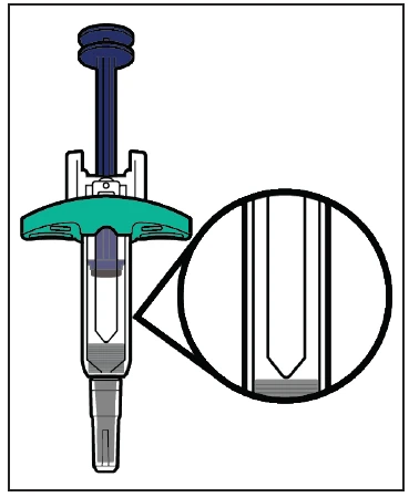 Technical drawing of a syringe with a blue plunger and transparent body with a circular magnification showing the detail of the tip