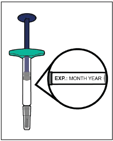 Drawing of a syringe with a circular magnification showing the text EXP. MONTH YEAR on the body of the device