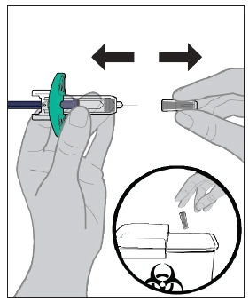 Illustration showing how to connect a syringe to a vial and how to dispose of it