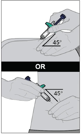 Two illustrations show a hand holding a syringe injecting medication into the body at a 45-degree angle to the skin