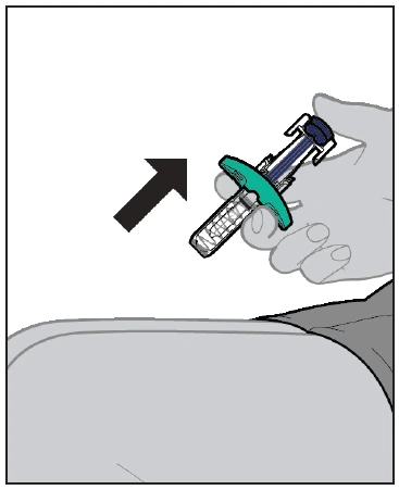 A hand holds a medical device with a black arrow indicating the insertion movement toward the thigh of a person
