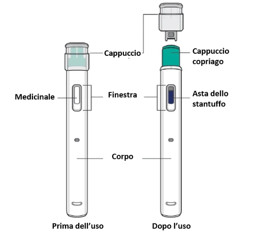 Diagram of a medical device with labeled parts: cap, medicine, window, body, plunger rod, and needle shield before and after use