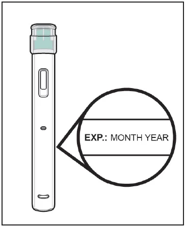Technical drawing of a pen-shaped medical device with a magnification showing the text EXP: MONTH YEAR for the expiration date