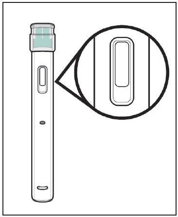 Technical drawing of a white injection pen with a circular magnification showing the detail of the central transparent viewing window