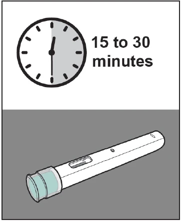 Analog clock with hands indicating a time interval next to the text '15 to 30 minutes' and a white cylindrical medical device