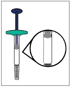 Technical drawing of a syringe with a blue plunger and transparent body, with a circular magnification showing the detail of the lower part