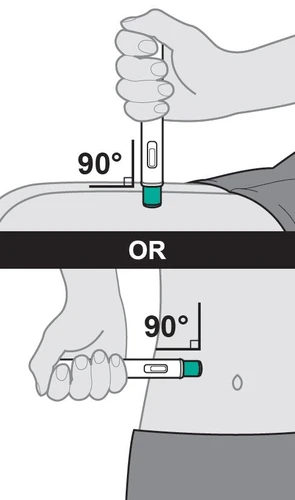 Medical illustration showing two ways to inject medication with a pen at a 90-degree angle on both the upper arm and the abdomen