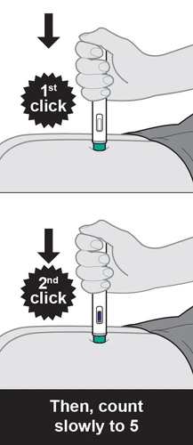 Two-step diagram showing a hand pressing a medical device against the skin, indicating first and second clicks with a count to 5