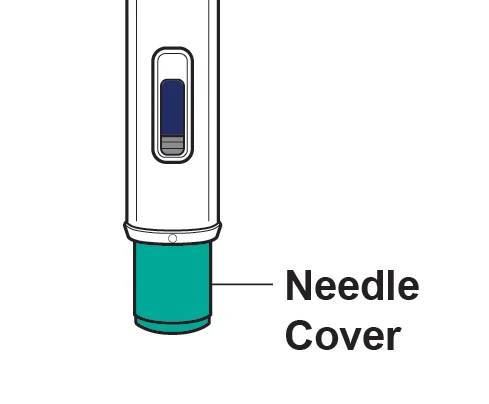 Technical drawing of an injection pen with a blue viewing window and a green lower section labeled 'Needle Cover'