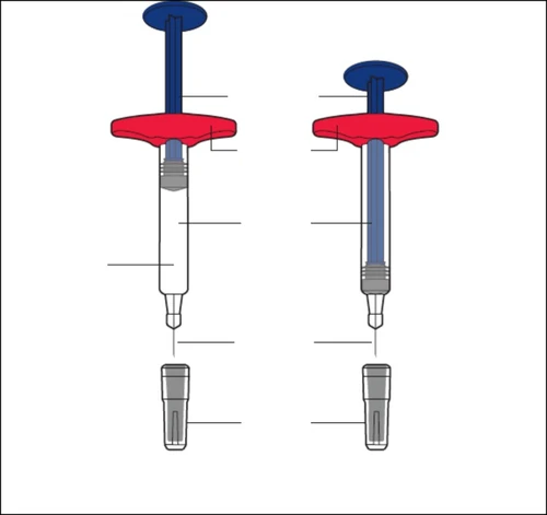 Technical diagram of two syringes with blue plungers, transparent bodies, and gray bases, with reference lines for individual components