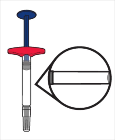 Illustration of a syringe with a blue plunger and red base with a circular magnification showing the detail of the upper cylinder