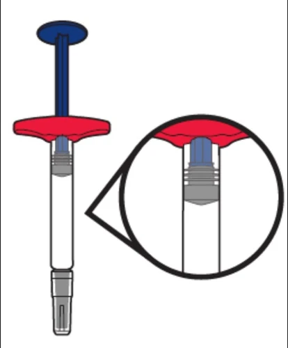 Technical diagram of a medical device with a blue plunger, red base, and transparent body with an enlarged detail of the upper cylinder