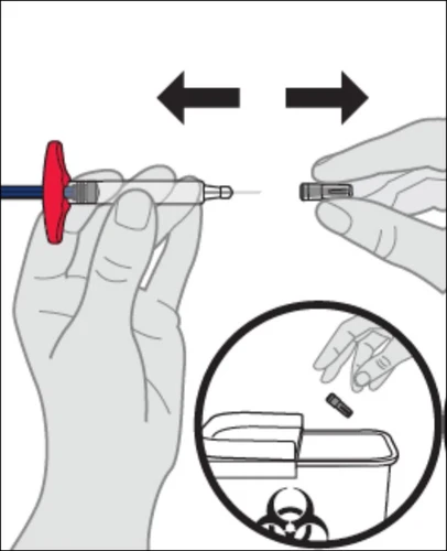 Hands separating a medical device and disposing of it into a hazardous biohazard waste container indicated by the biological hazard symbol