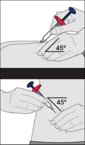 Two illustrations show hands holding a syringe injecting medication into the body at a 45-degree angle to the skin