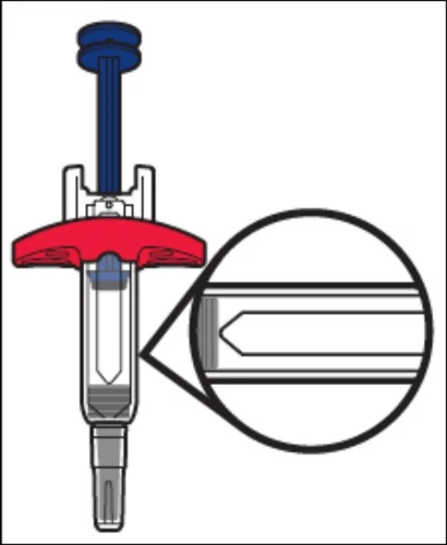 Diagram of a syringe with a blue plunger and red base showing a magnification of the tip