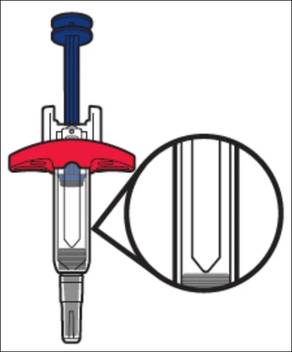 Diagram of a syringe with a blue plunger and red base showing a magnification of the tip