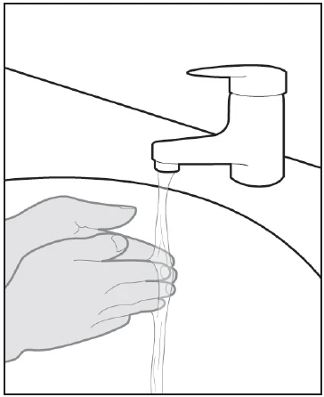 Black and white drawing of two hands washing under a water stream