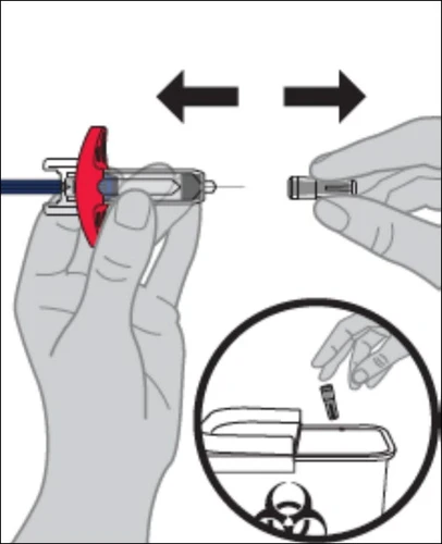 Hands connecting a medical device to a component with directional arrows and a box showing disposal into a biohazard waste container