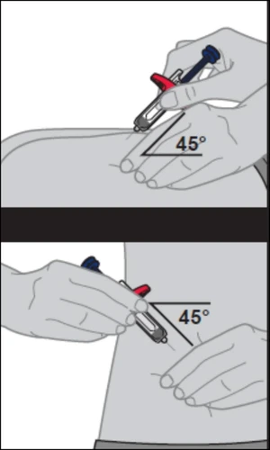 Two illustrations show how to insert a syringe into the skin at a 45-degree angle to the body surface