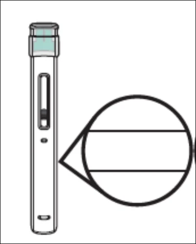 Technical drawing of a medical injection pen with a circular magnification showing the details of the central section of the device