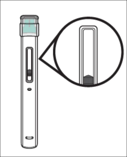 Pen-shaped medical device with a magnification showing the level of dark liquid inside