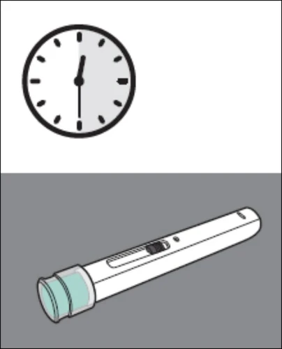 Analog clock with hands indicating twelve o'clock and a white pen-shaped medical device on a gray background