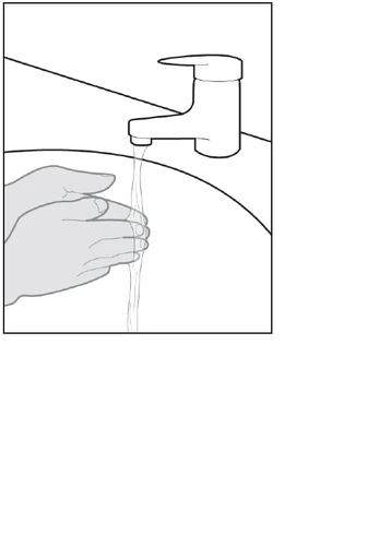 Line drawing of two hands washing under a water stream