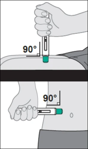 Two illustrations show a hand holding an injection pen applying it to the skin at a 90-degree angle to the body