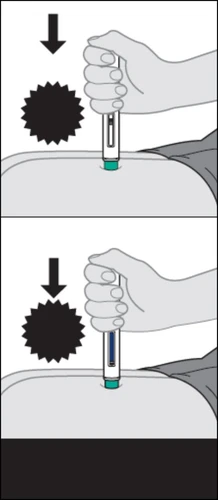 Two illustrations show a hand pressing an injection pen against the skin with a black arrow pointing downward