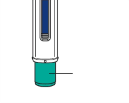 Technical drawing of a medical injection pen with a white body and transparent window showing blue liquid and a green cylindrical base
