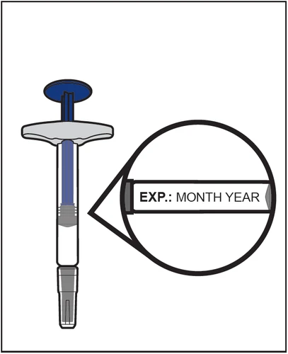 Illustration of an injection pen with a circular magnification showing the text EXP.: MONTH YEAR for the expiration date