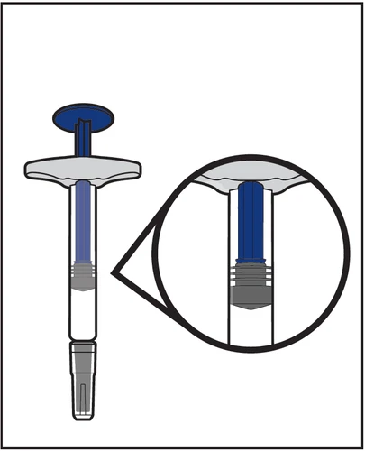 Technical diagram of a syringe with a circular magnification showing the detail of the blue plunger and internal gray base