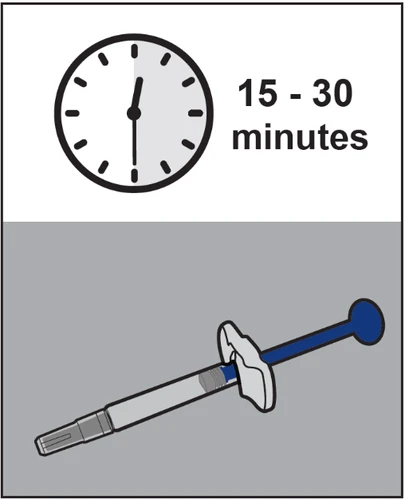 Icon of an analog clock indicating a 15-30 minute interval next to a drawing of a syringe with a blue plunger on a gray background
