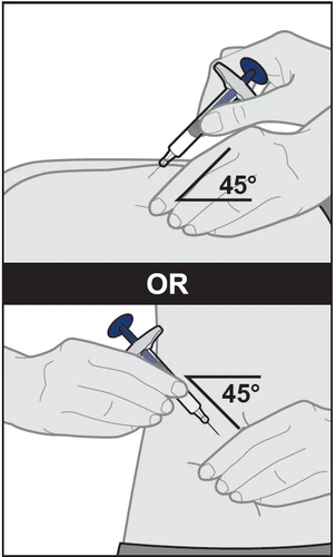Two diagrams show how to insert a syringe into the skin at a 45-degree angle using one hand to stabilize the area