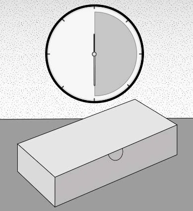 Orologio analogico con la metà destra evidenziata in grigio sopra una scatola rettangolare grigia su uno sfondo puntinato