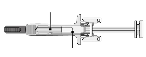 Diagramma tecnico di una siringa con indicazioni su due punti neri che segnalano il livello del liquido all'interno del cilindro trasparente