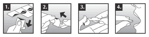 Sequence of four numbered illustrations showing hands opening a package, removing a seal, and preparing the medical device
