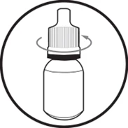 Stylized drawing of a dropper bottle surrounded by a curved arrow indicating the rotational movement of the cap