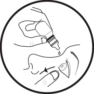 A hand holding a bottle to dispense a drop of liquid into a person's nose while a finger touches the area below the nostril