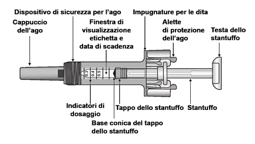 Diagramma tecnico di una siringa con etichette che indicano cappuccio, ago, finestra di visualizzazione, indicatori di dosaggio, stantuffo e impugnature